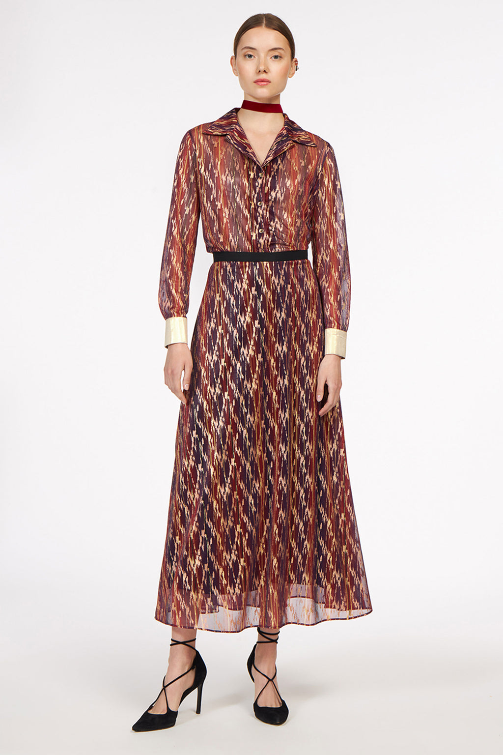 Gold Skirt Multi Lines Red