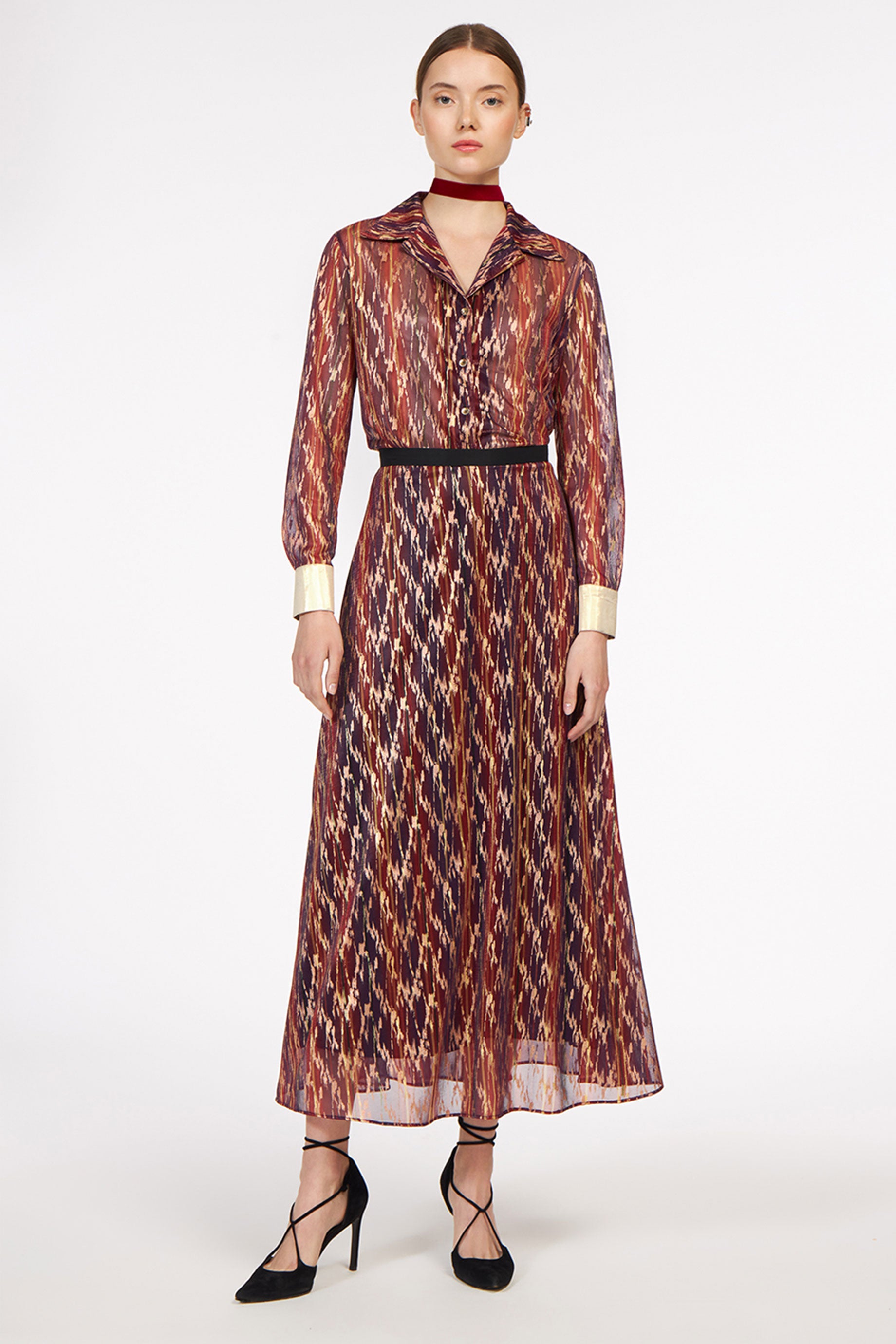 Gold Skirt Multi Lines Red