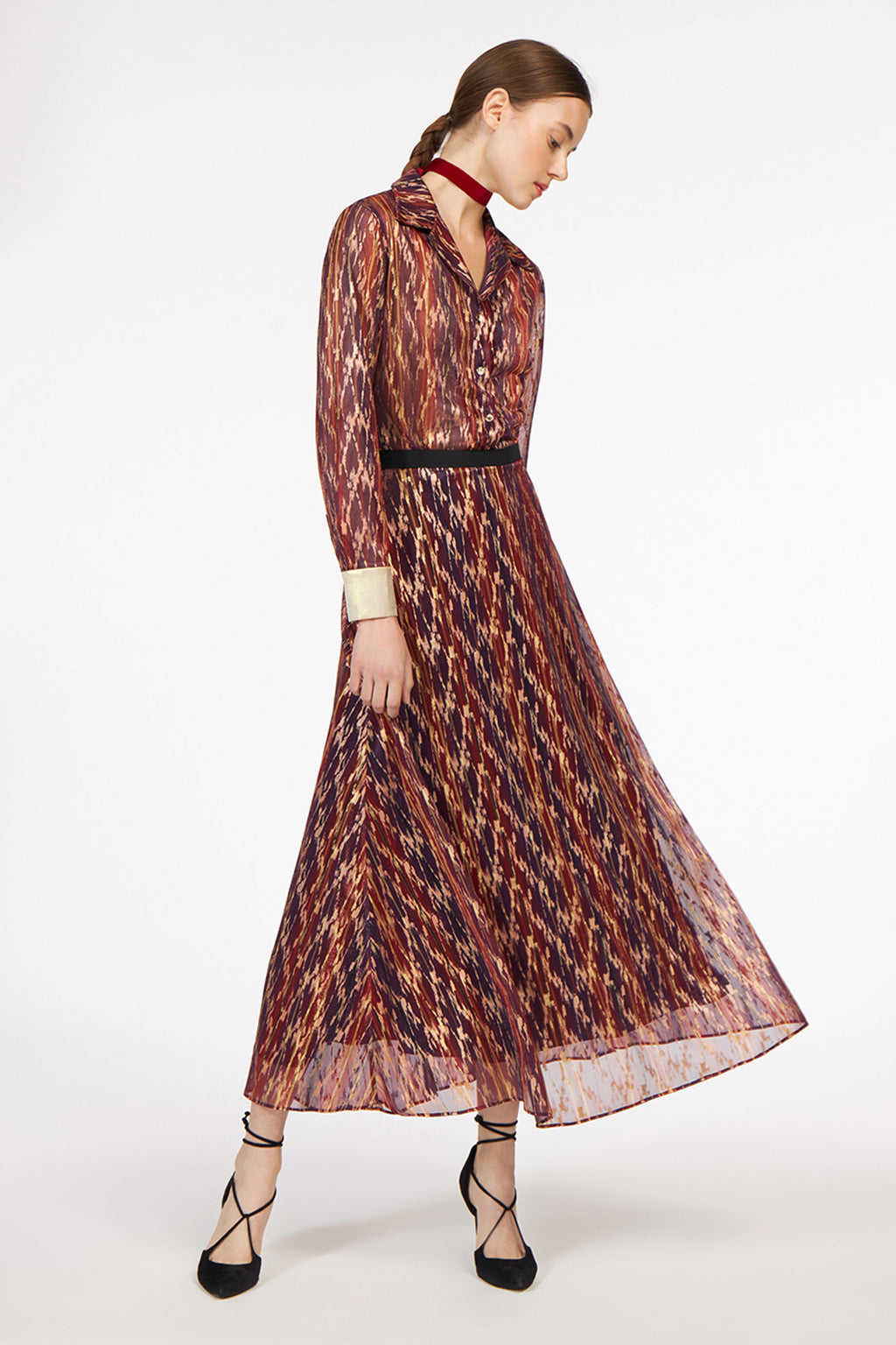 Gold Skirt Multi Lines Red