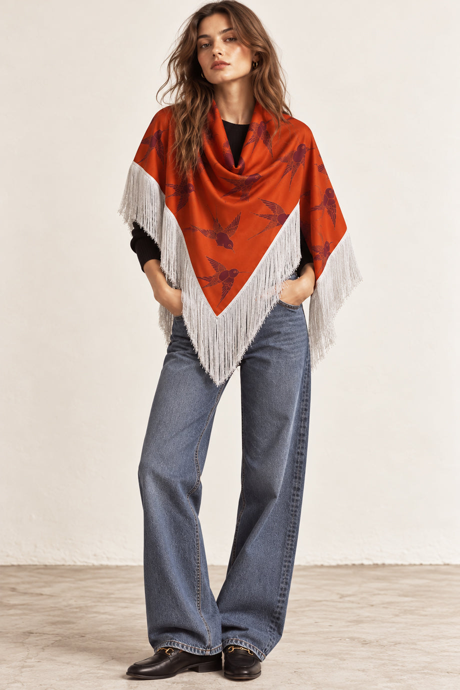 The Fringed Scarf Birds Orange