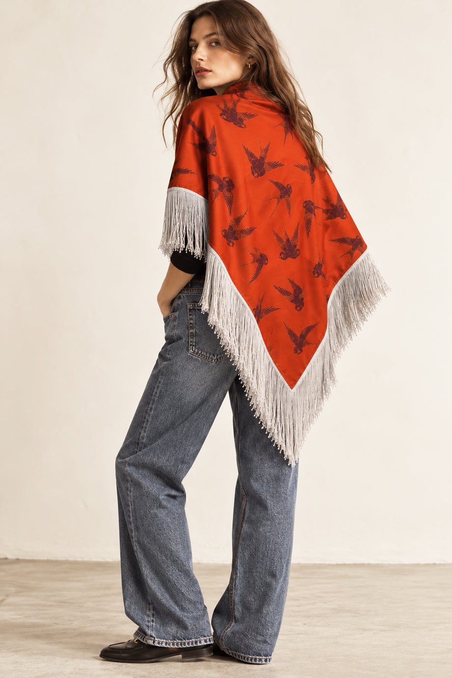 The Fringed Scarf Birds Orange